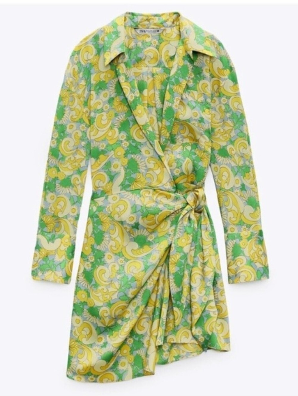 Zara Satin Wrap Dress Green and Yellow Floral-Print Mini Dress 2XL FITS XL